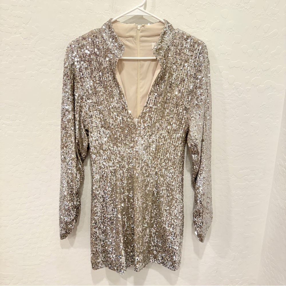 Ronny Kobo Collection Lauper Sequined Mini Dress Small Silver Metallic Festival